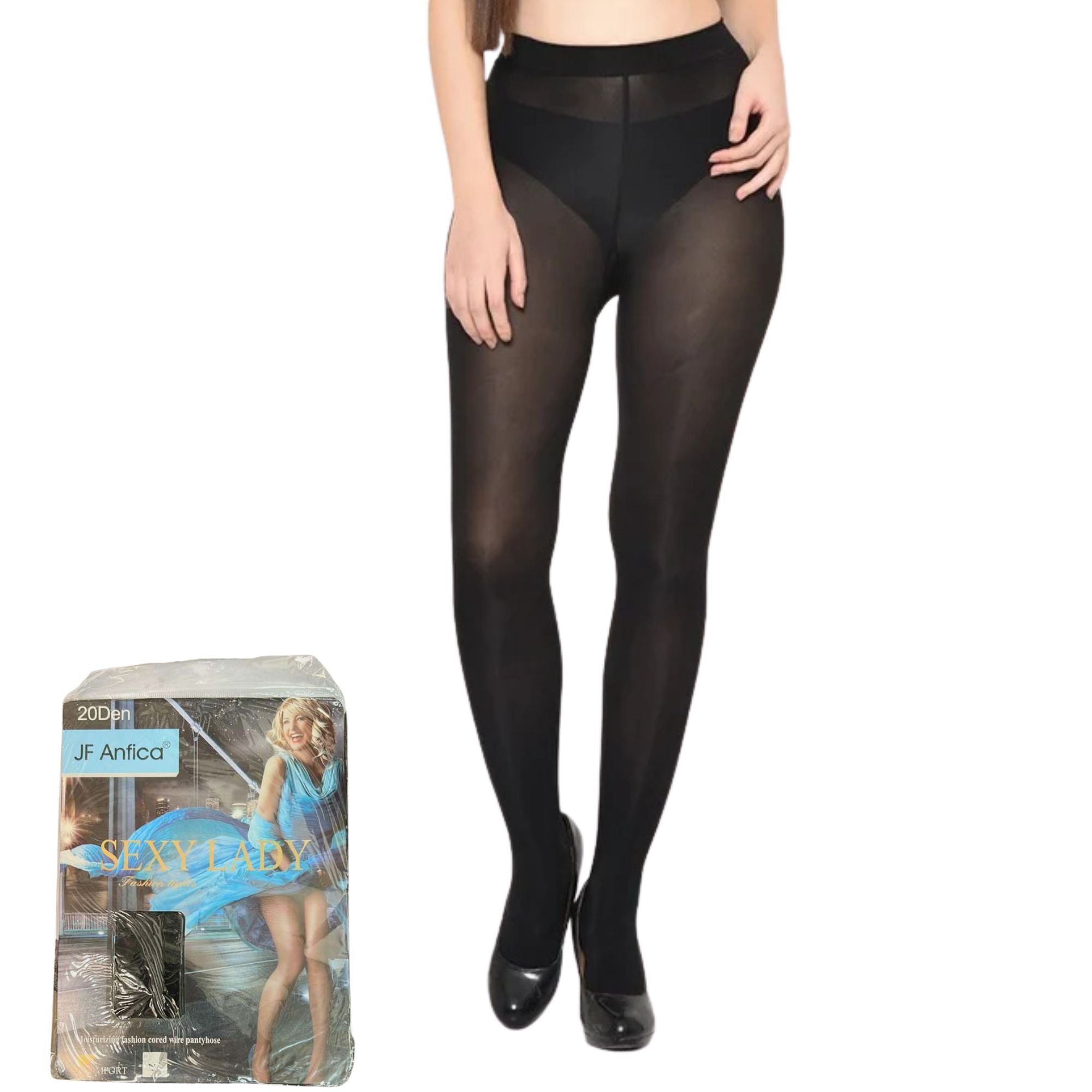 JF Anfica 20 Denier Moisturizing Tights Sexy Black Pantyhose, Cored Wire Design (Sizes S–Maxi) Hosiery main product image