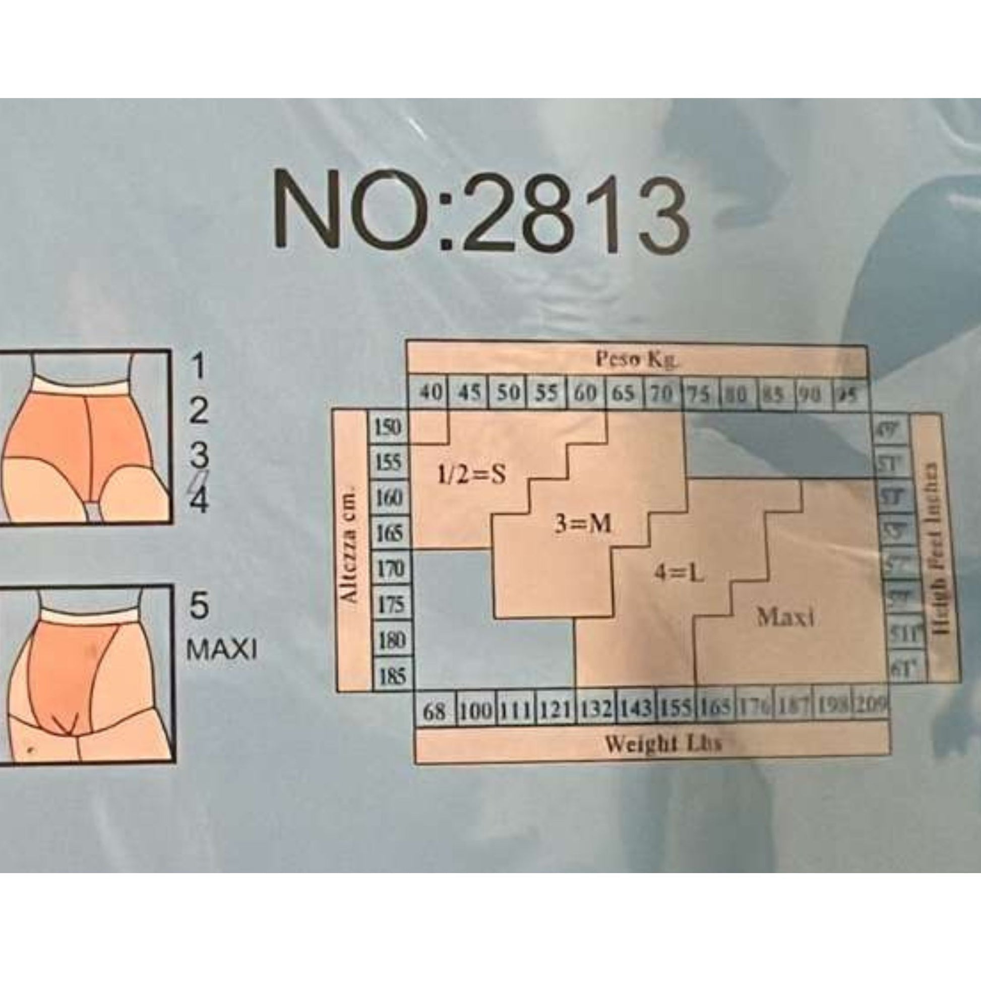 Measurement chart for underwear with size and weight indicators on a textured background