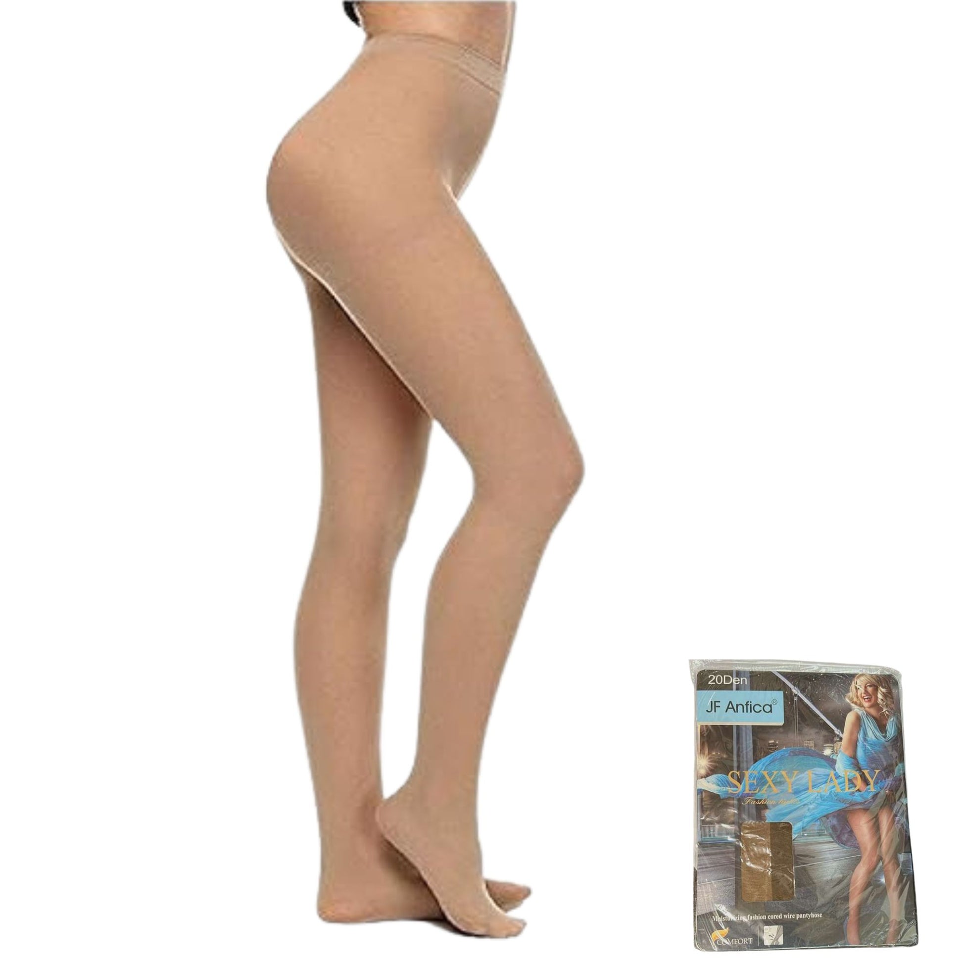Beige tights worn by a person on a white background with a package of tights in the corner.