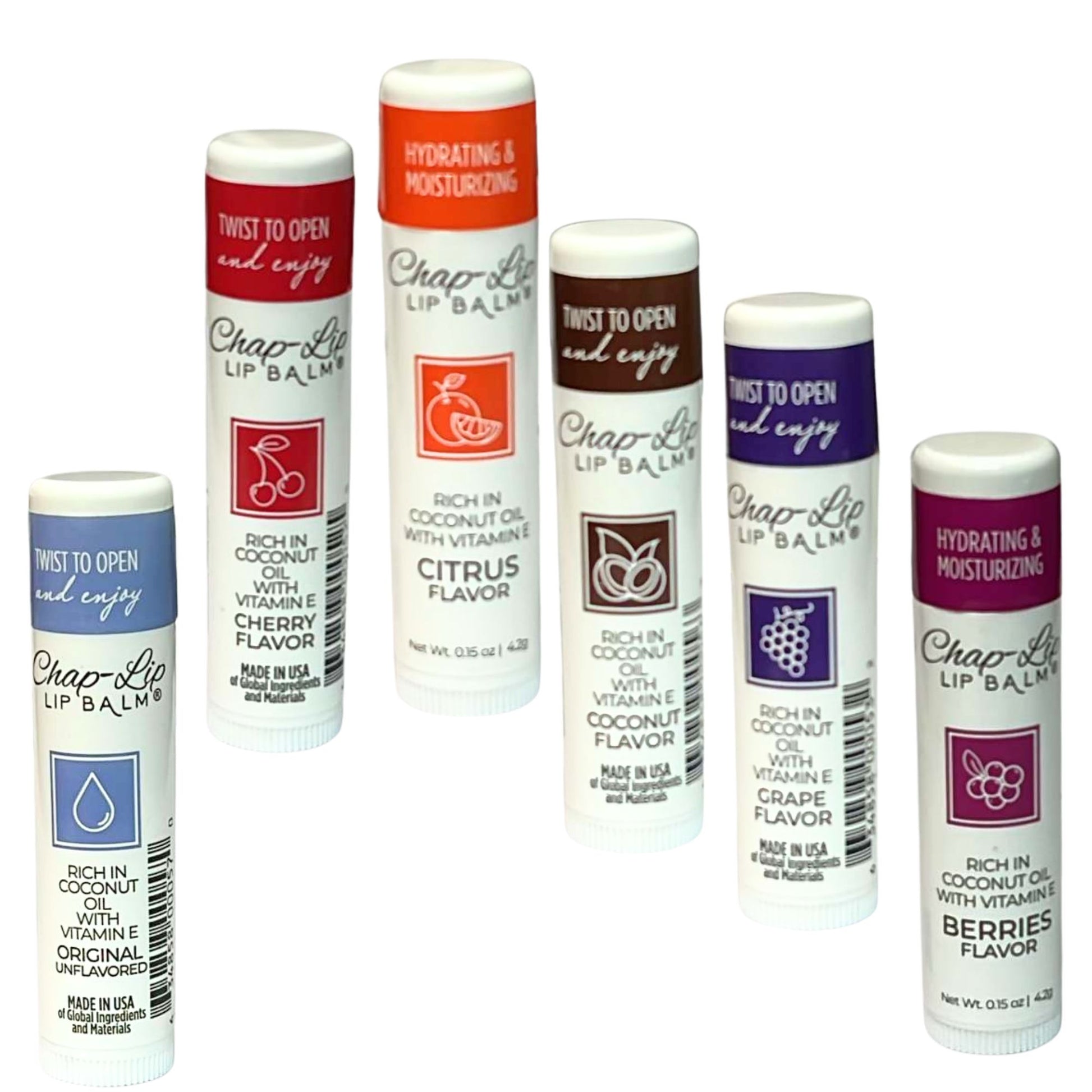 Set of Chap-Lip lip balm tubes with various flavors on a white background