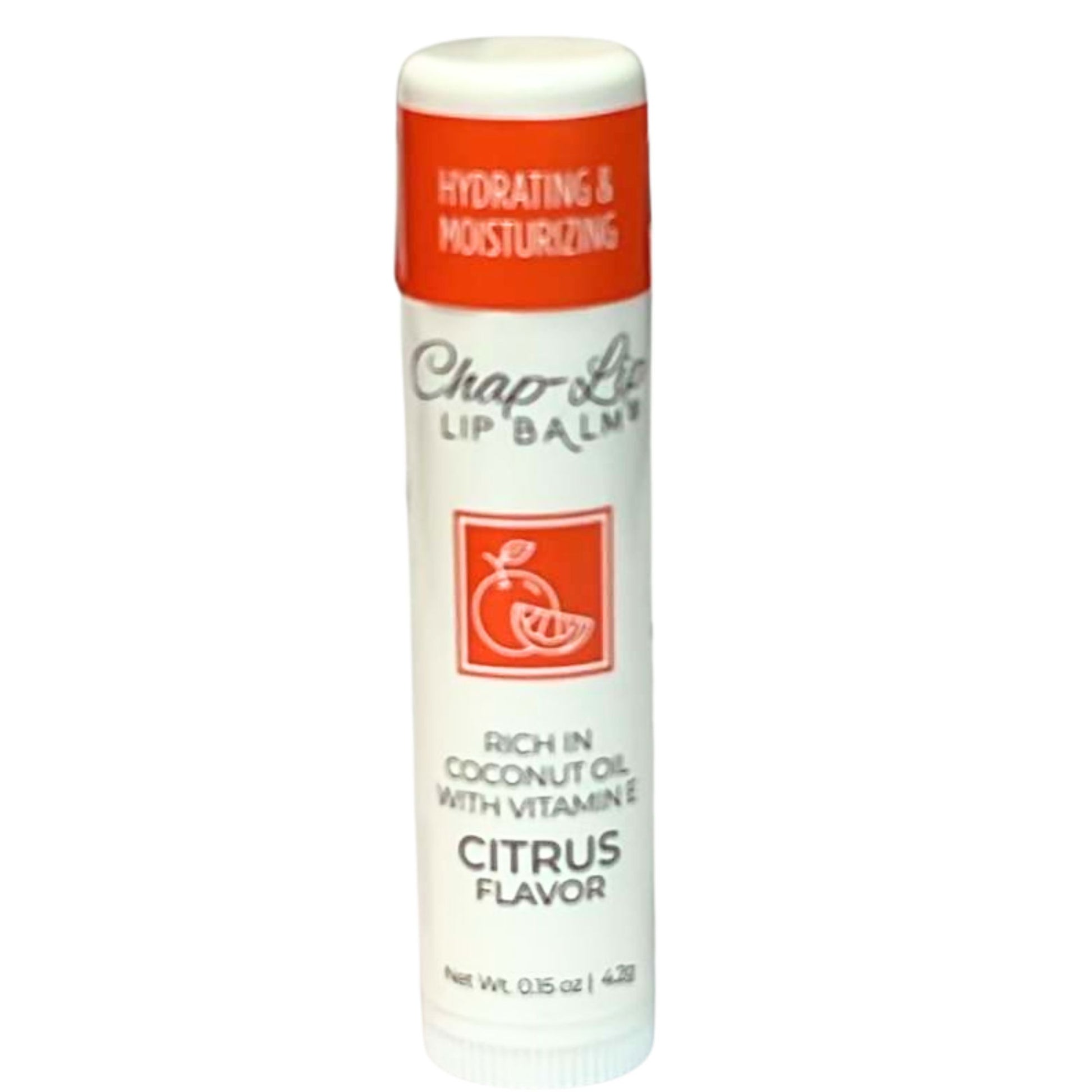 Chap-Lite lip balm stick with citrus flavor on a white background