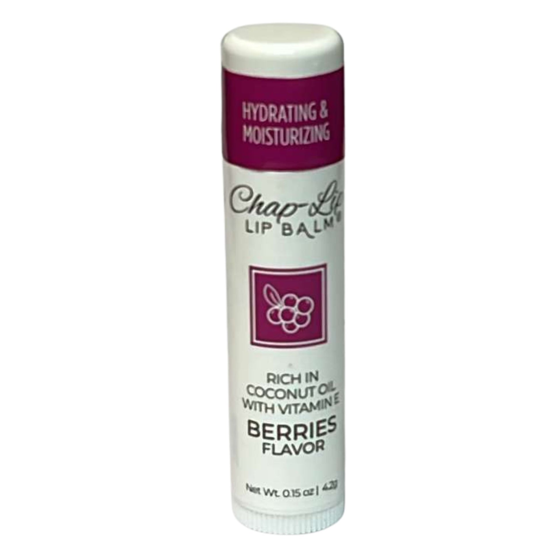 Chap-Lite lip balm stick with purple and white label on a white background