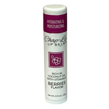 Chap-Lite lip balm stick with purple and white label on a white background