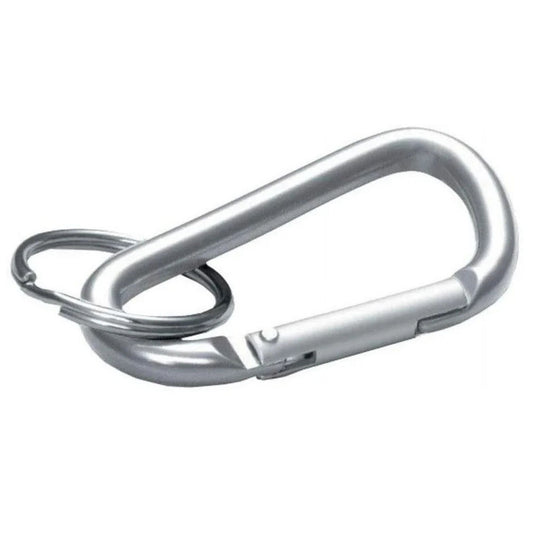 Silver carabiner on a white background