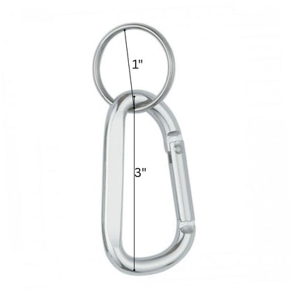 Metal carabiner with measurements on a white background