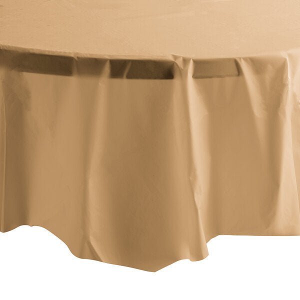 84'' Gold Round TableCloth Plastic Disposable Tablecovers Tablecloths Round size and feature image