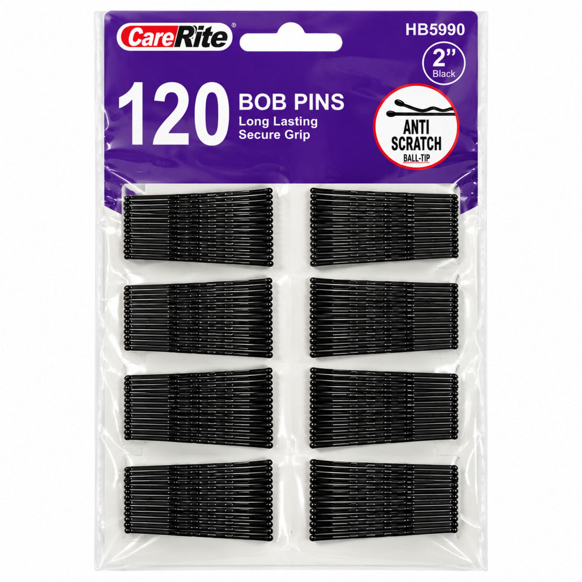 CareRite 120 black 2-inch bob pins in a clear plastic retail package with a purple header card.