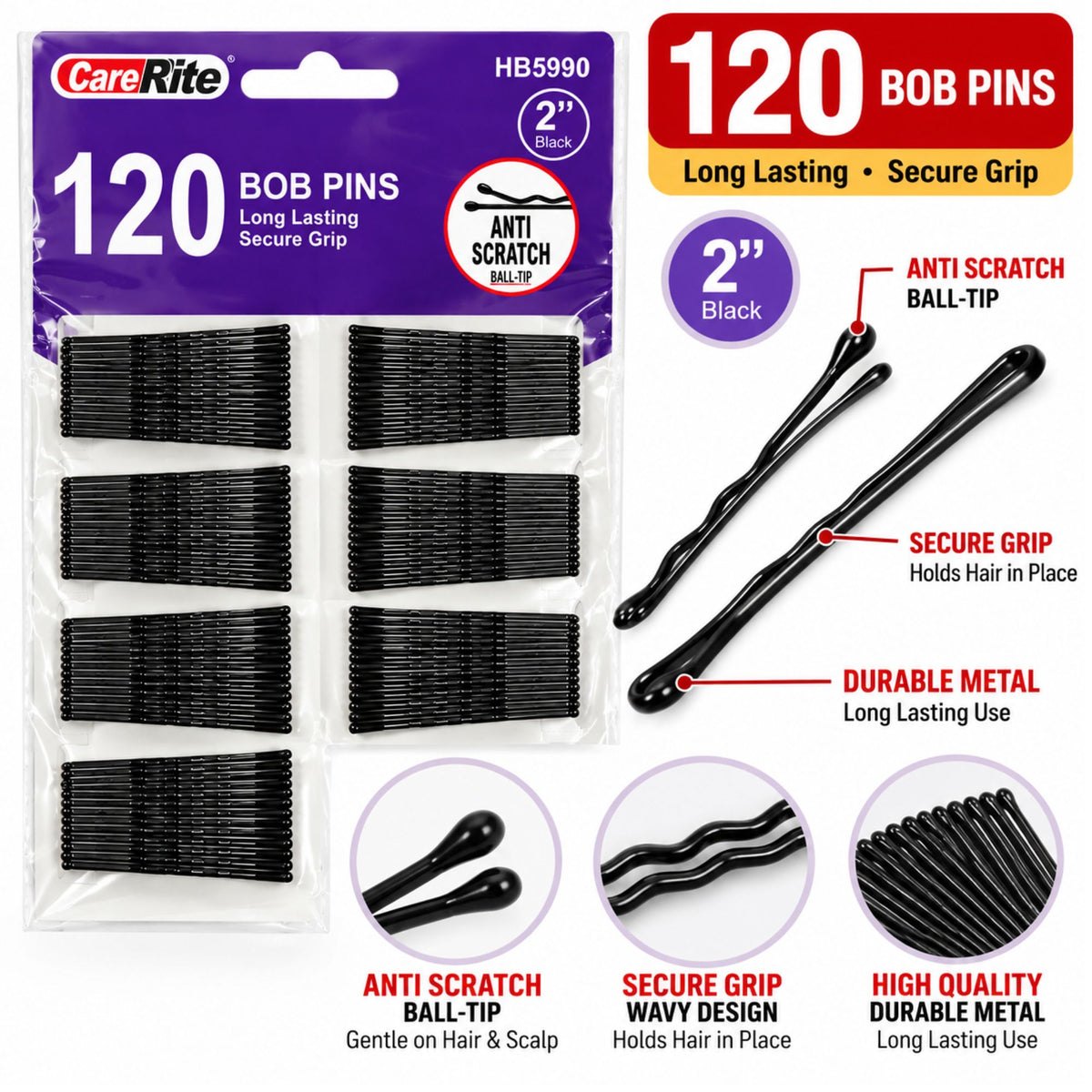 CareRite 120 black 2-inch bob pins in retail packaging, with feature callouts and close-up inset images showing the anti scratch ball-tip, secure grip, durable metal, and high quality.
