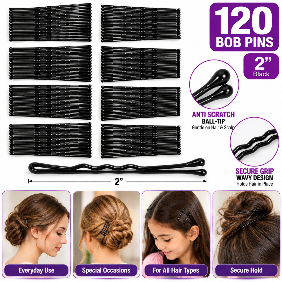 120 black 2-inch anti-scratch bob pins arranged in rows on a white background, with feature callouts and four lifestyle photos at the bottom showing the pins secured in hair.