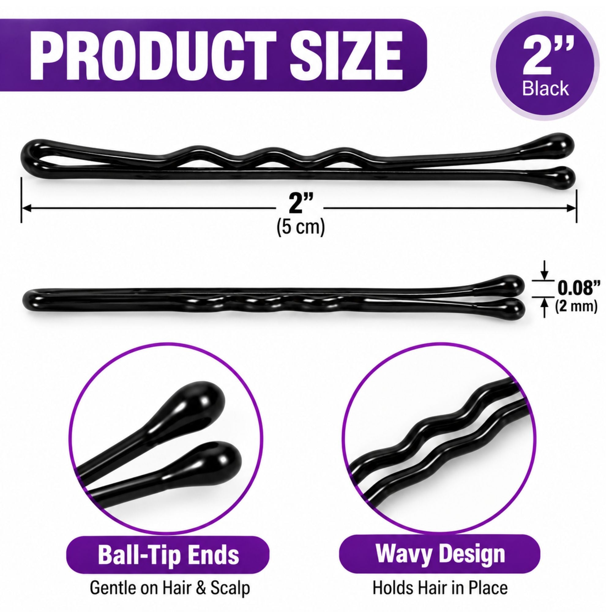 Black 2-inch wavy bobby pin hair clip shown on a white background with product size measurements, ball-tip end detail, and wavy design feature callouts.