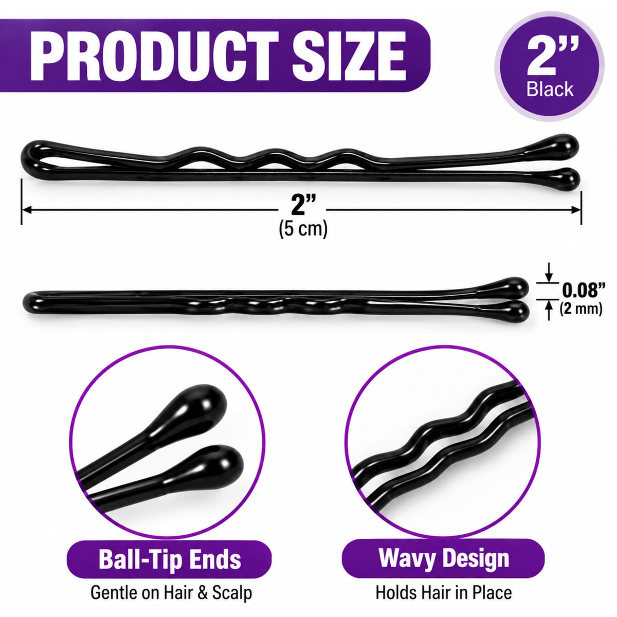 Black 2-inch wavy bobby pin hair clip shown on a white background with product size measurements, ball-tip end detail, and wavy design feature callouts.