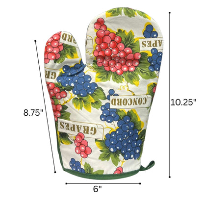 Oven mitt with grape design and measurements on a white background