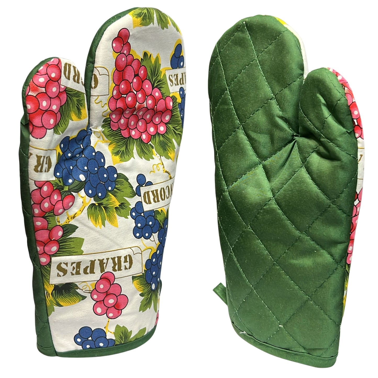 Green quilted oven mitt with colorful grape design on a white background