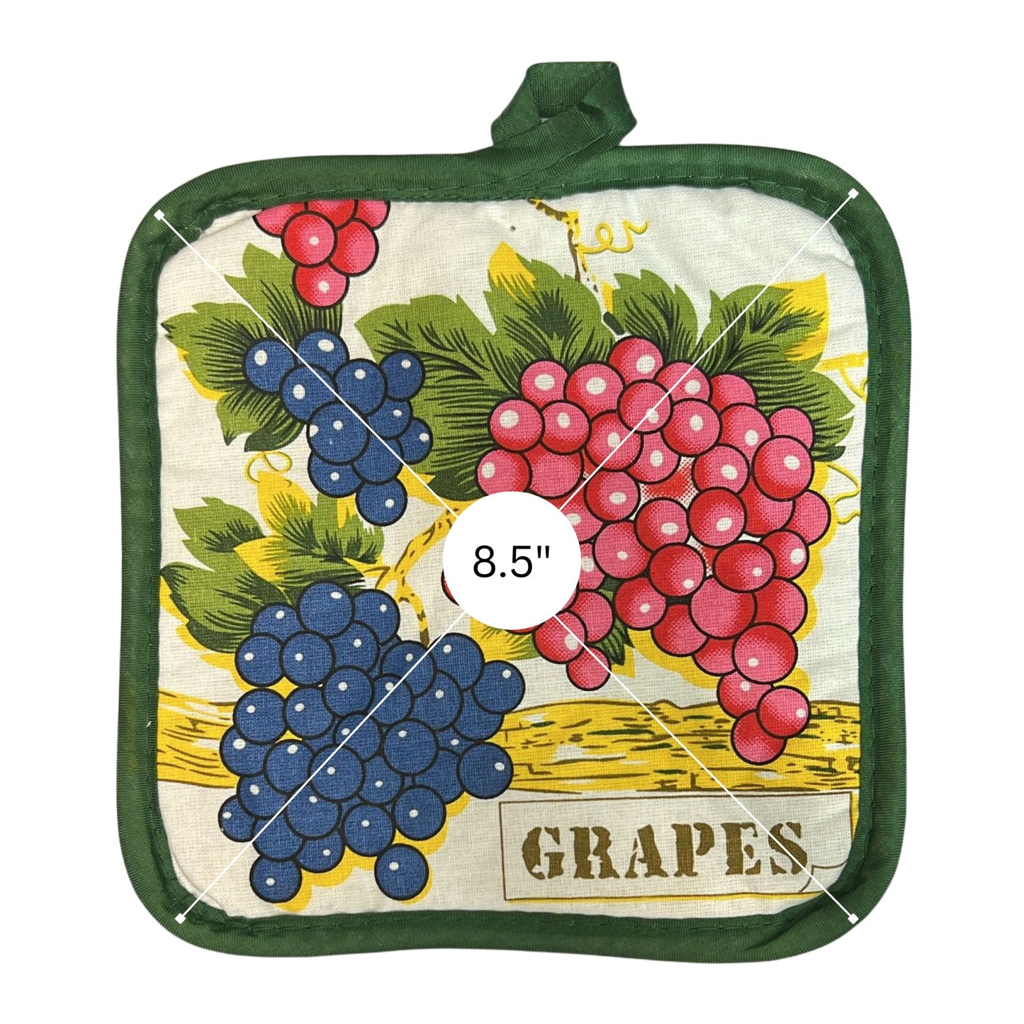 Potholder with grapes design and size label on a white background