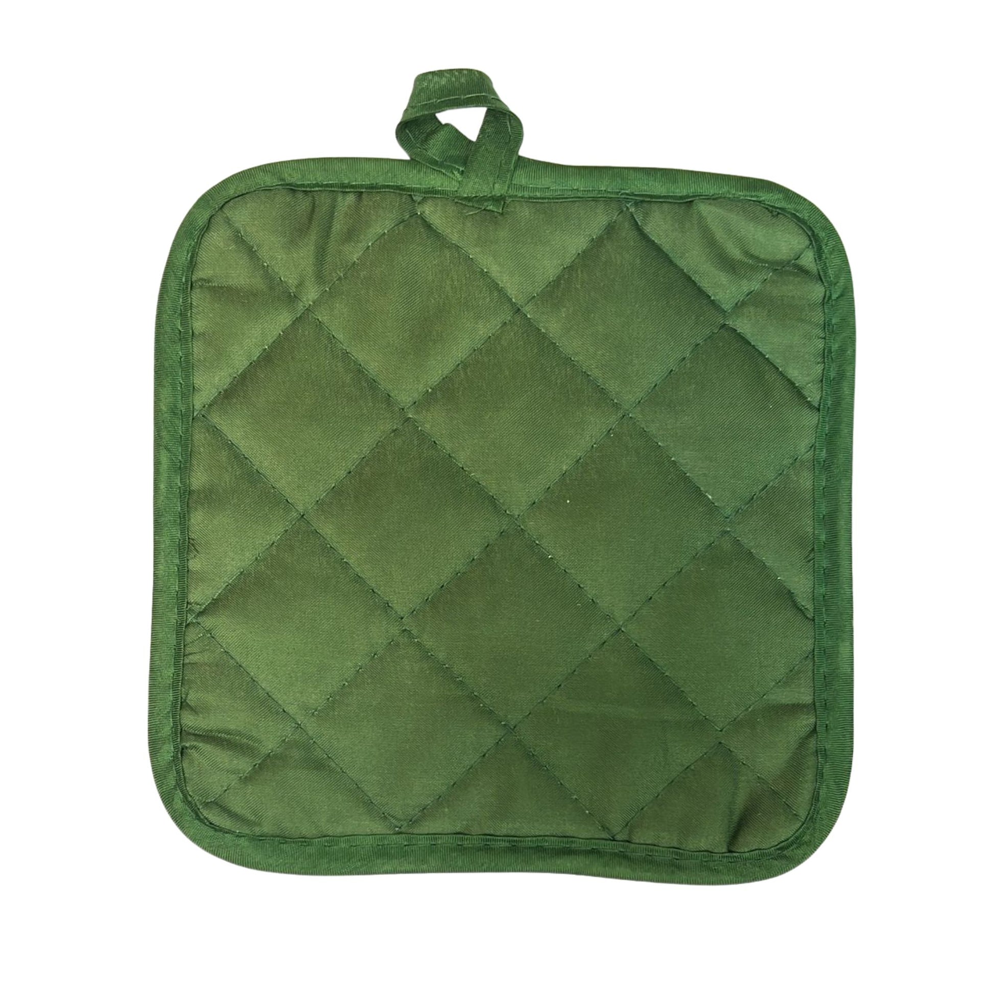 Green quilted pot holder with a diamond pattern on a white background