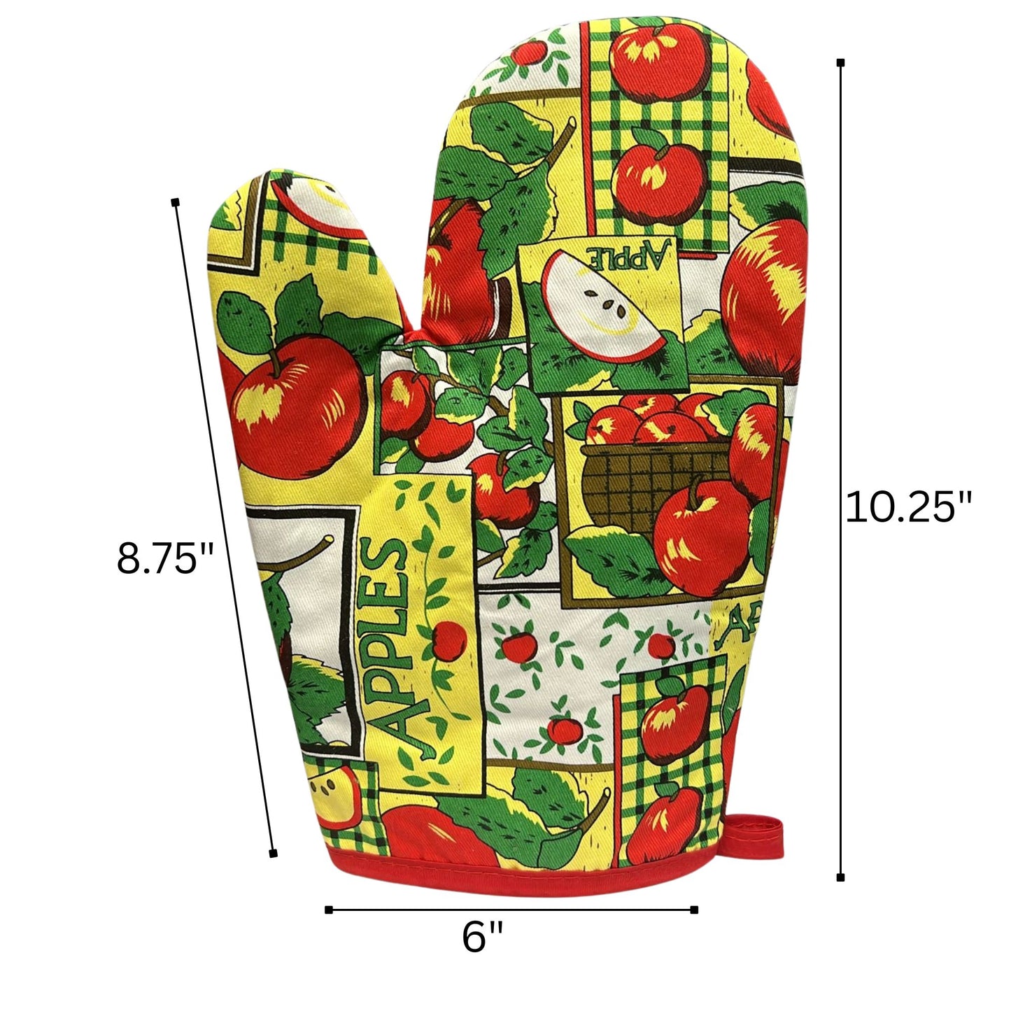 Oven mitt with apple pattern and measurements on a white background