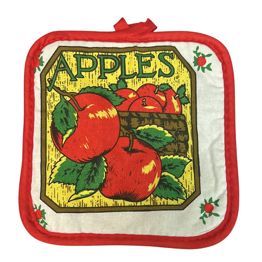 Potholder with red apples design and 'Apples' text on a white background