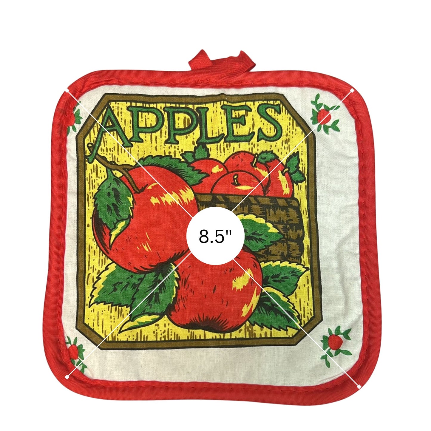 Potholder with apple design and size label on a white background