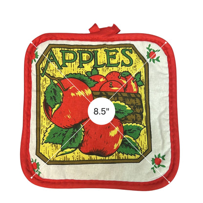 Potholder with apple design and size label on a white background