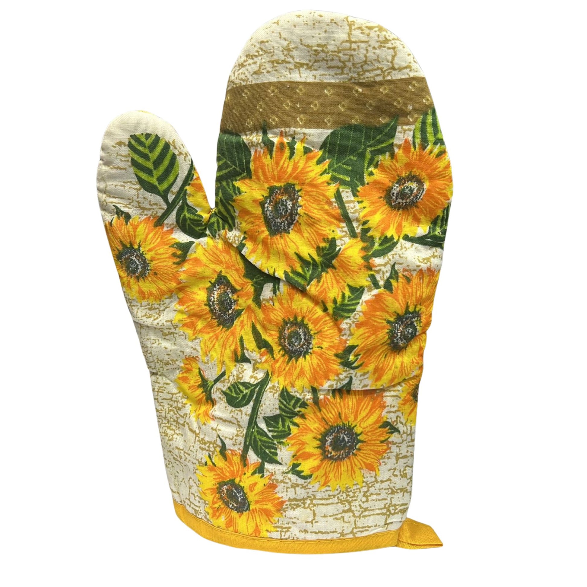 Oven mitt with sunflower pattern on a white background