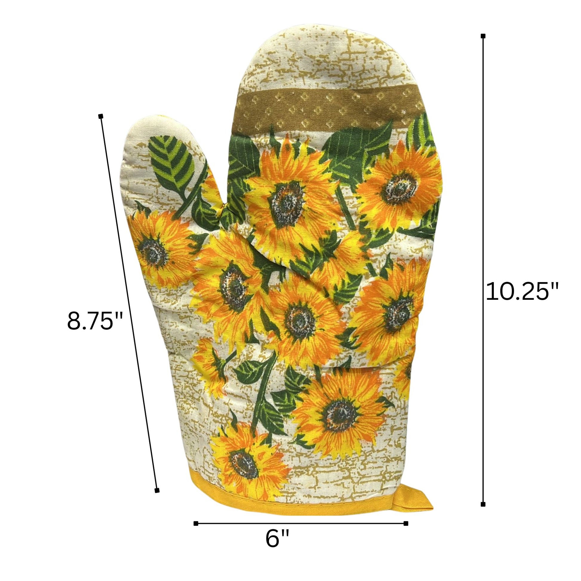 Oven mitt with sunflower design and measurements on a white background