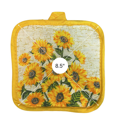Potholder with sunflower pattern and yellow border, size 8.5" displayed.