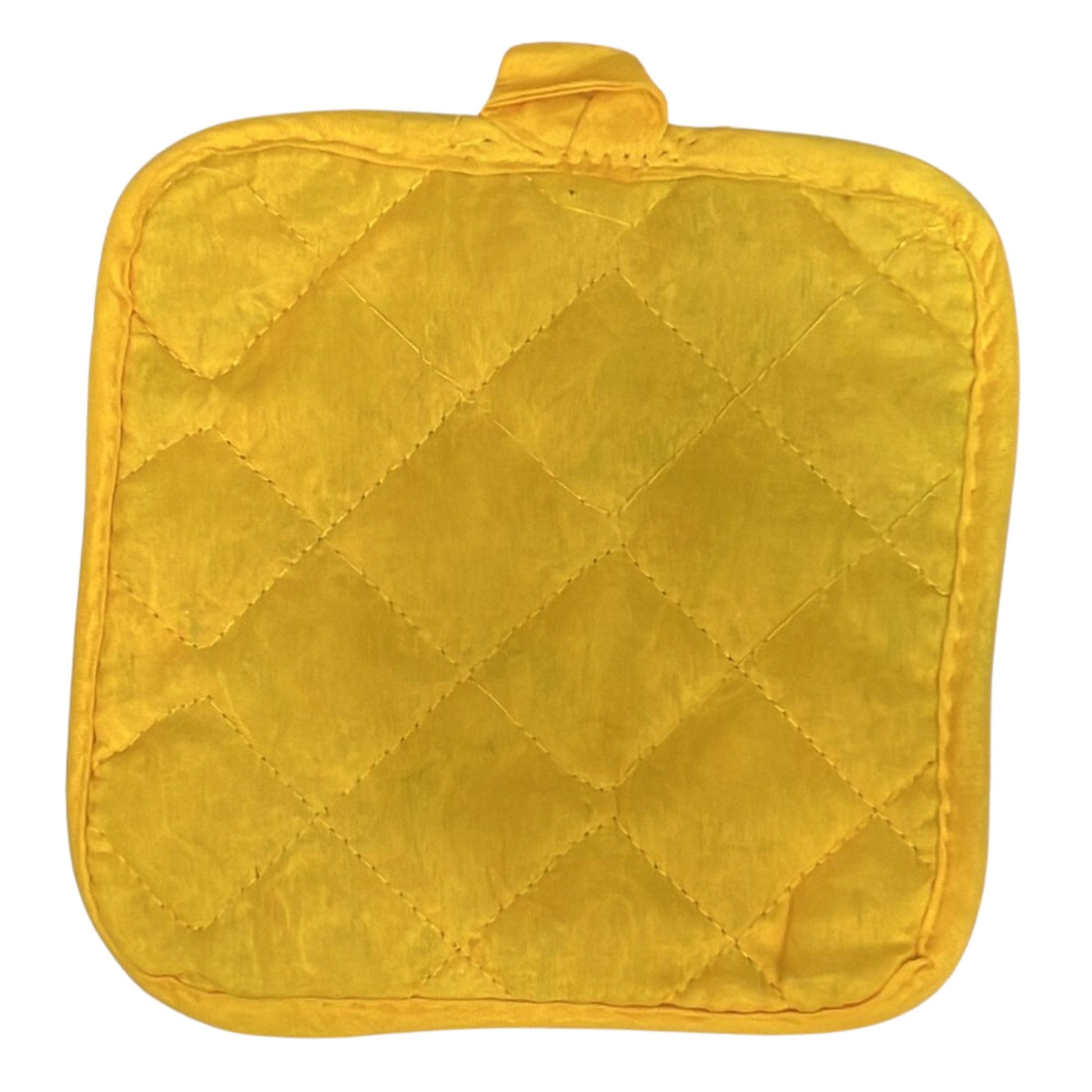 Yellow quilted pot holder on a white background
