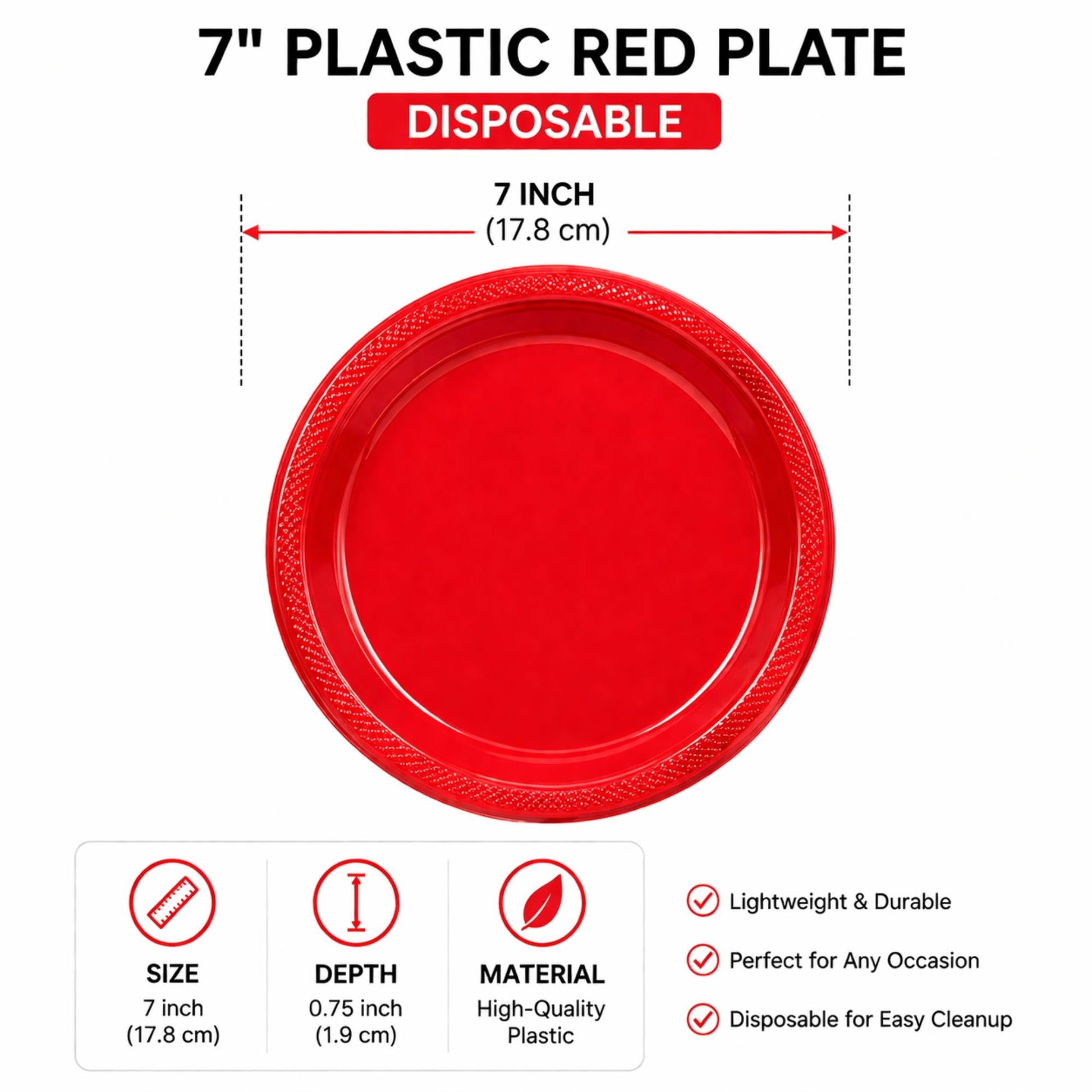 7" Plastic Red Plate Disposable Disposable Plates Party Dimensions