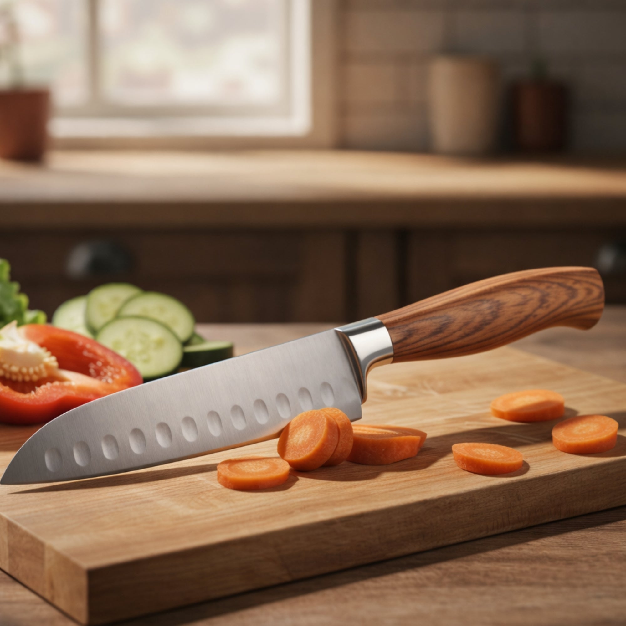 7" Light Woodgrain Ideal Kitchen Wood Handle Santoku Knife Santoku Knives Cutting Knife lifestyle use image