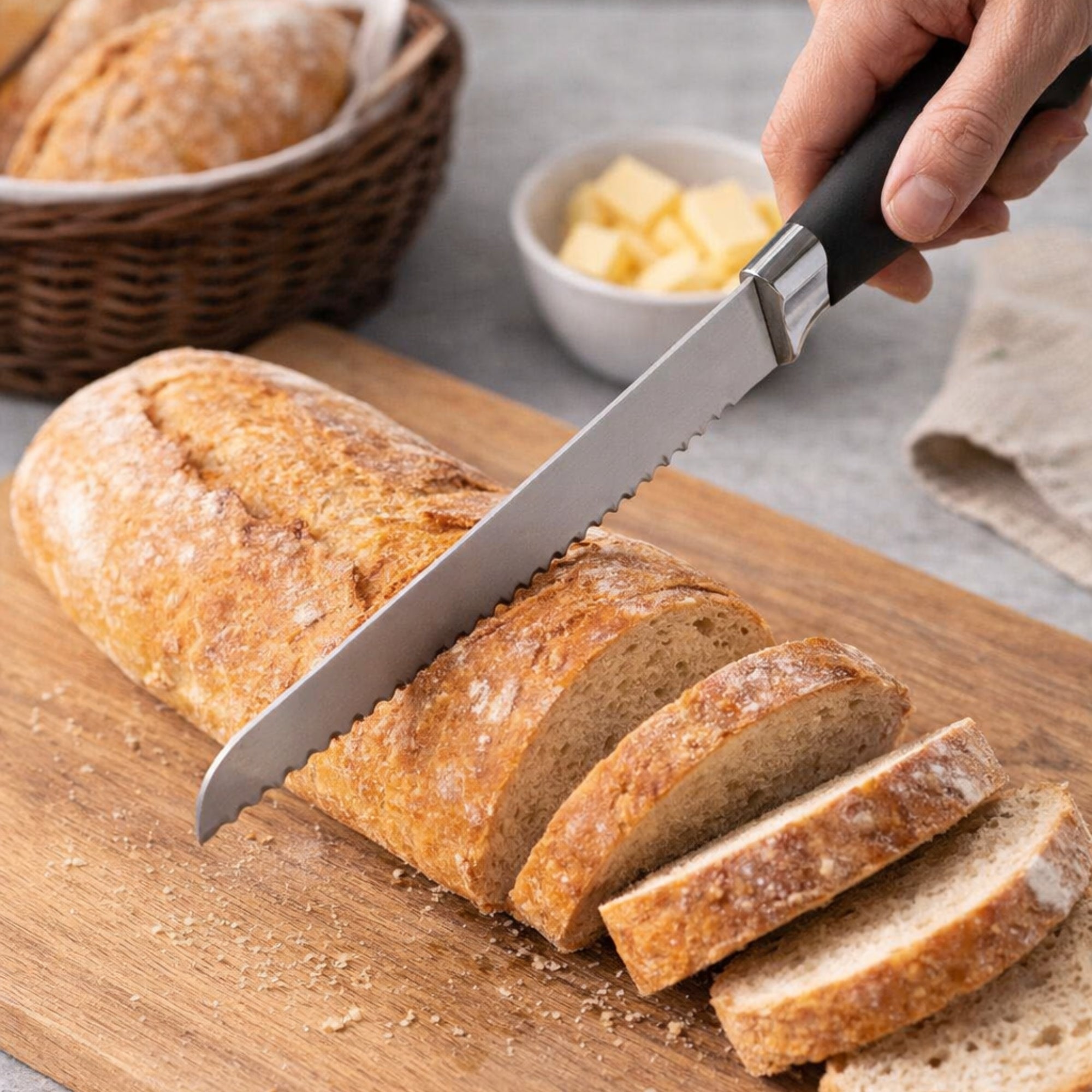 8" Serrated Black Handle Ideal Kitchen Bread Knife Bread Knives Cutting Knife lifestyle use image