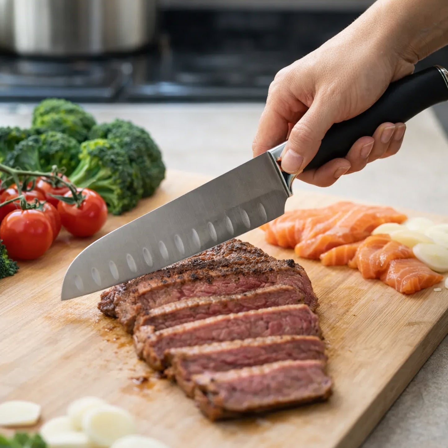 7" Black Handle Ideal Kitchen Sharp Santoku Knife Santoku Knives Cutting Knife lifestyle use image