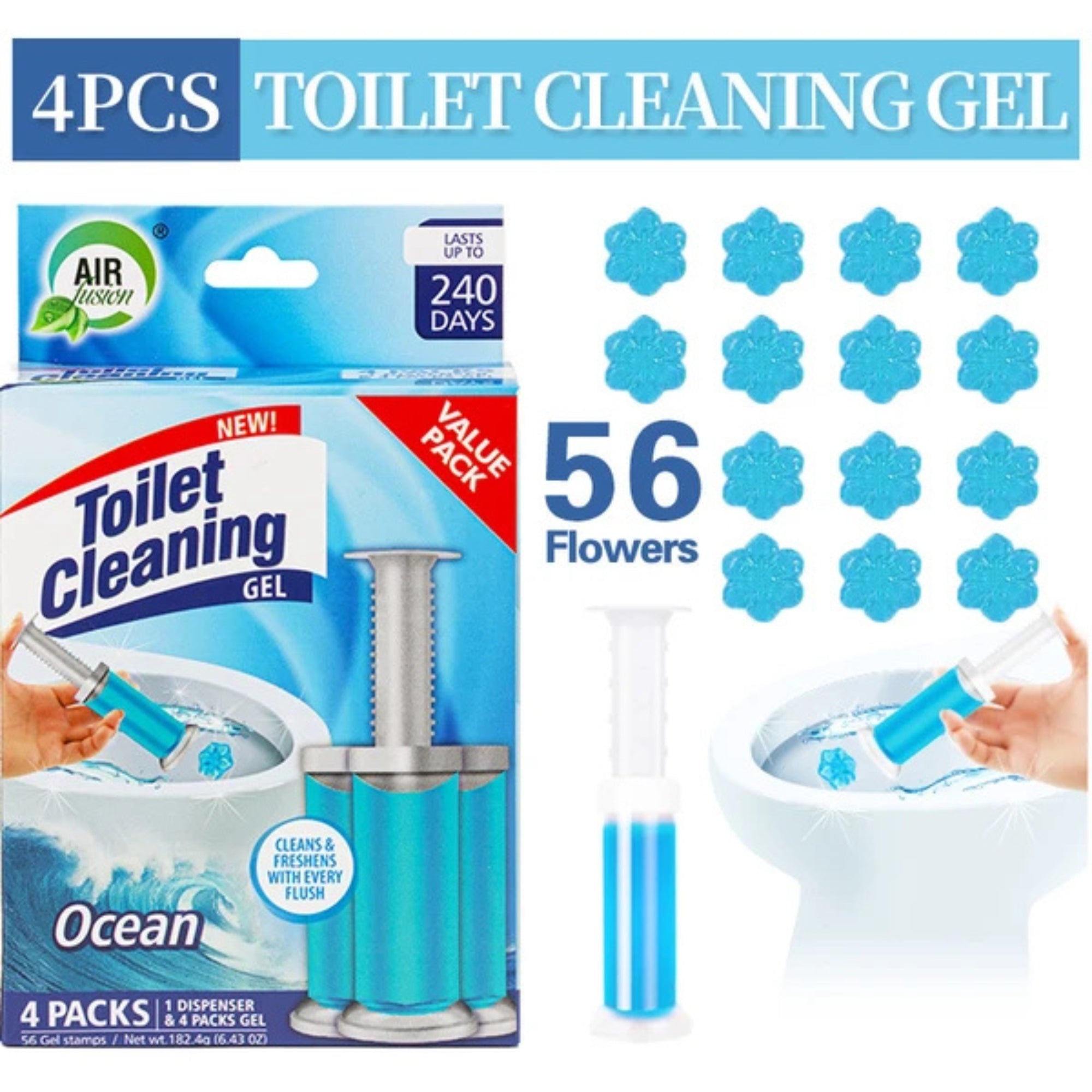 Air Fusion Ocean Fresh Scent Toilet Cleaning Gel 56 Stamps 6.43oz 4 Pack Toilet Bowl Cleaner lifestyle use image