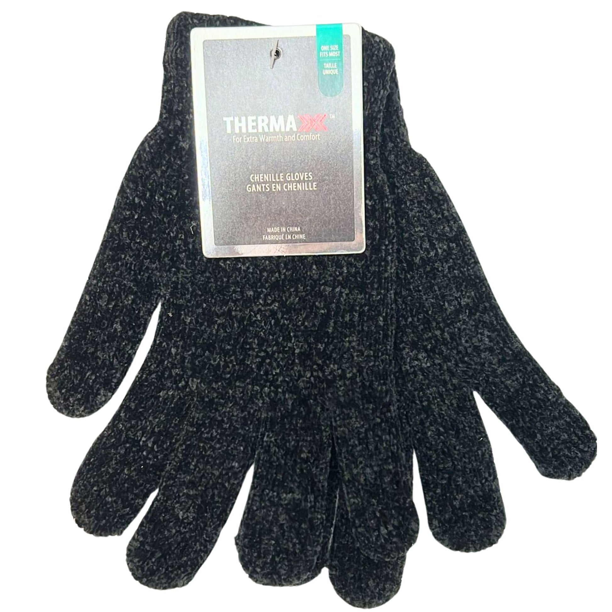 Pair of black chenille gloves with a Therma label on a white background