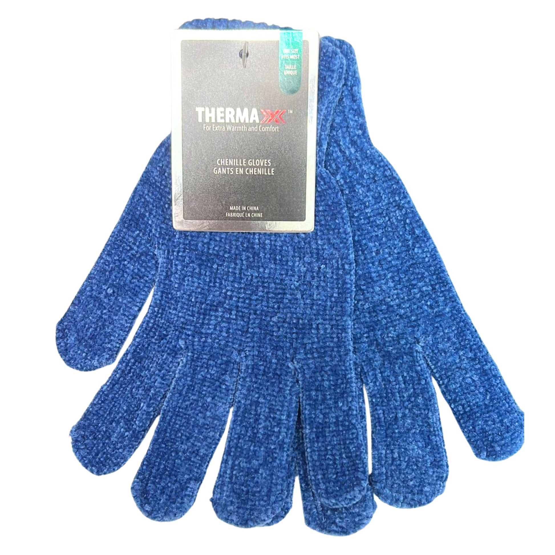 Blue chenille gloves with Therma-X label on a white background