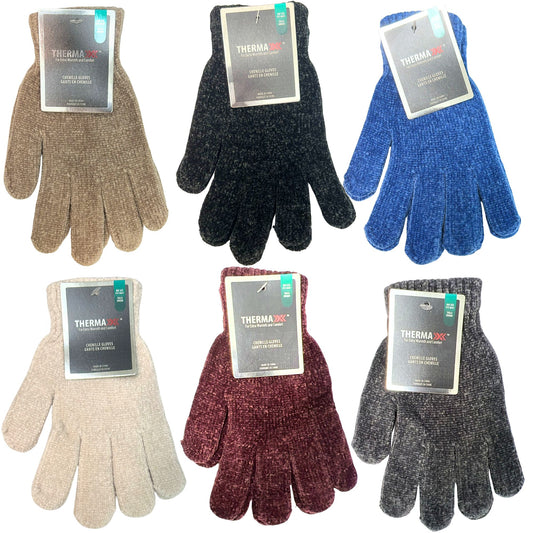 Set of six pairs of gloves in various colors with Therma Heat labels on a white background.