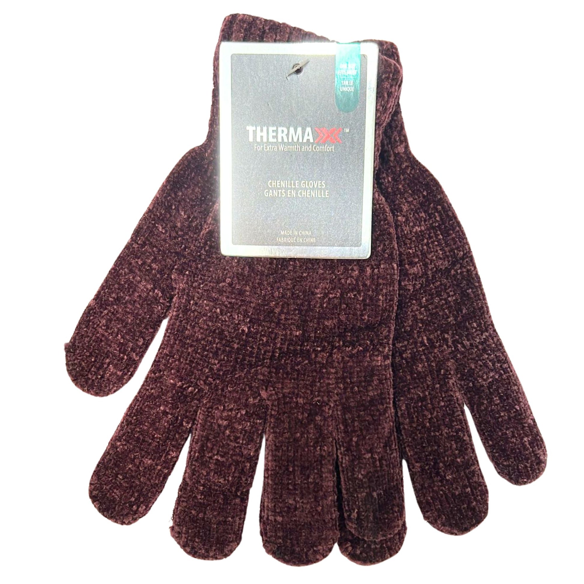 Pair of brown gloves with a Therma label on a white background