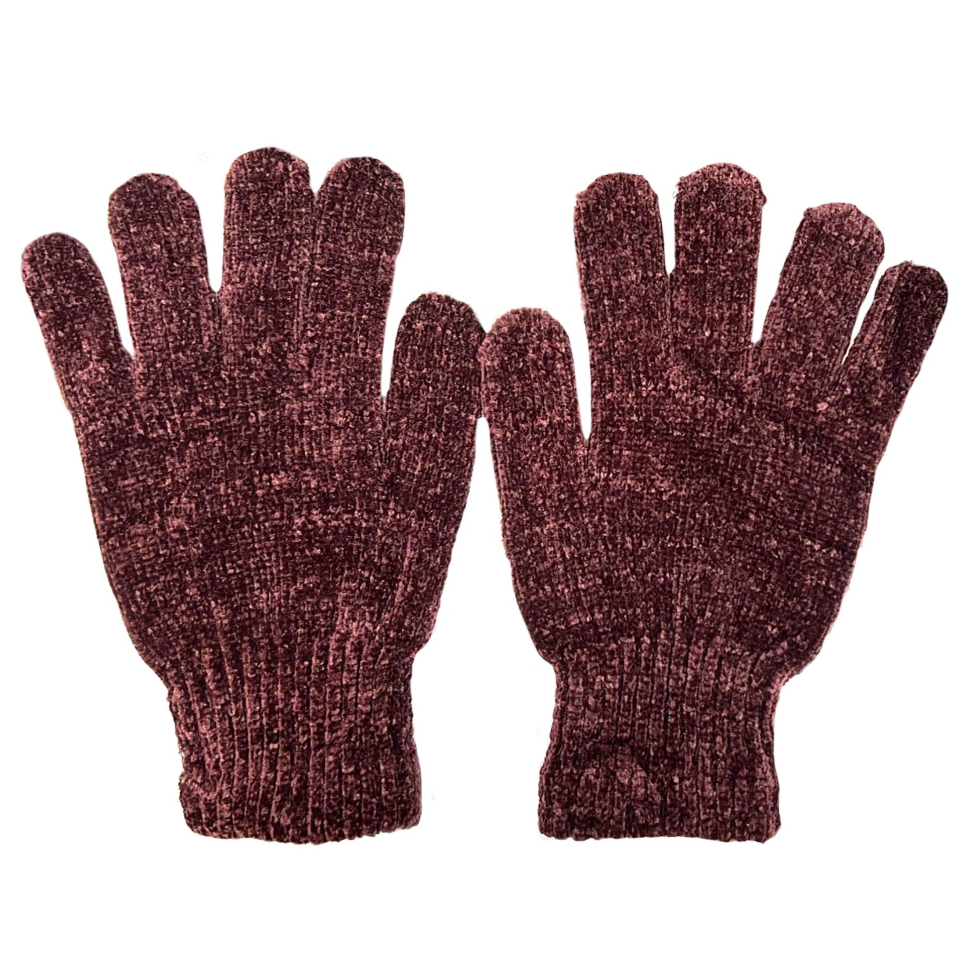 Pair of maroon knitted gloves on a white background
