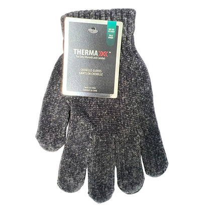 Pair of gray chenille gloves with Therma-X label on a white background