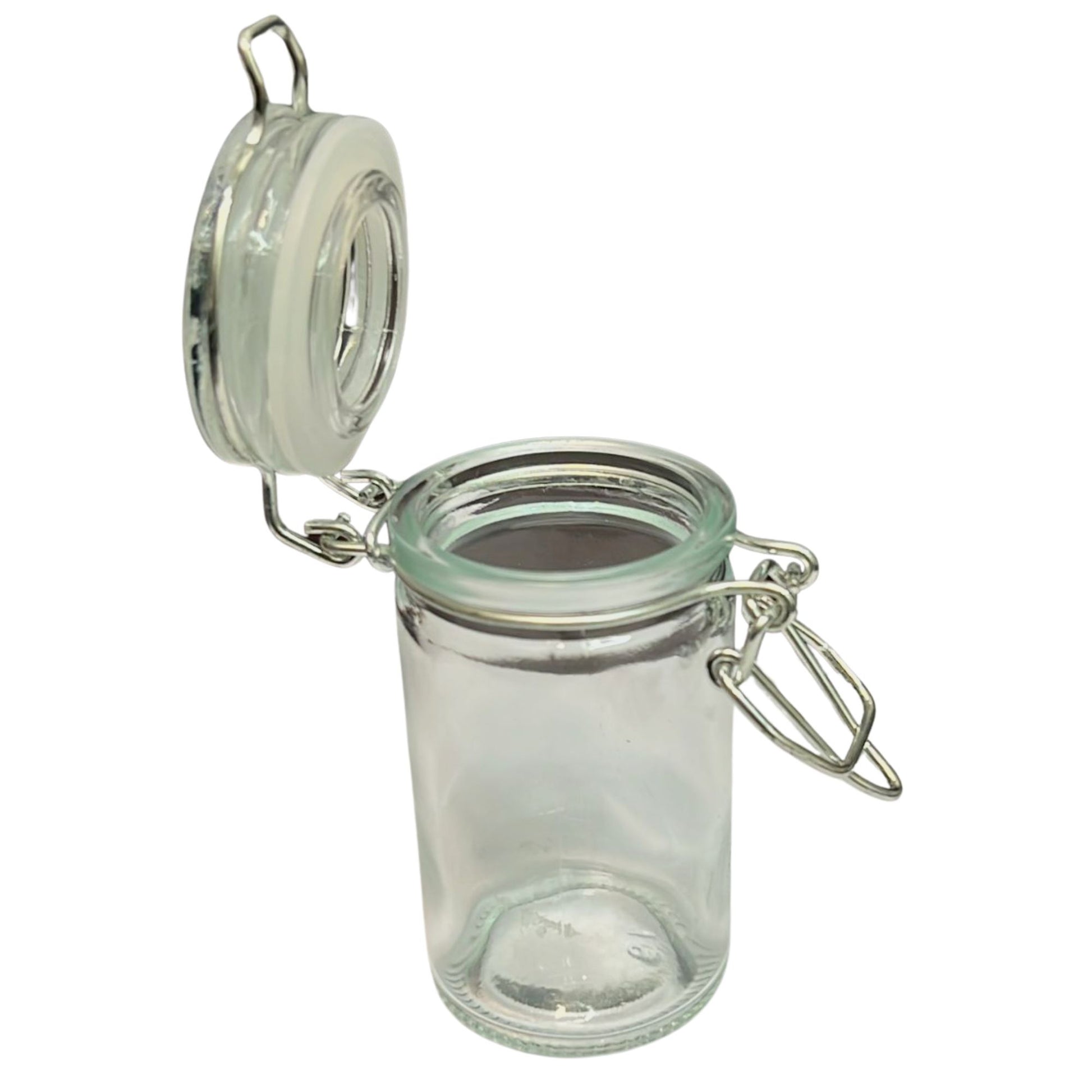 Clear glass jar with a metal clasp on a white background