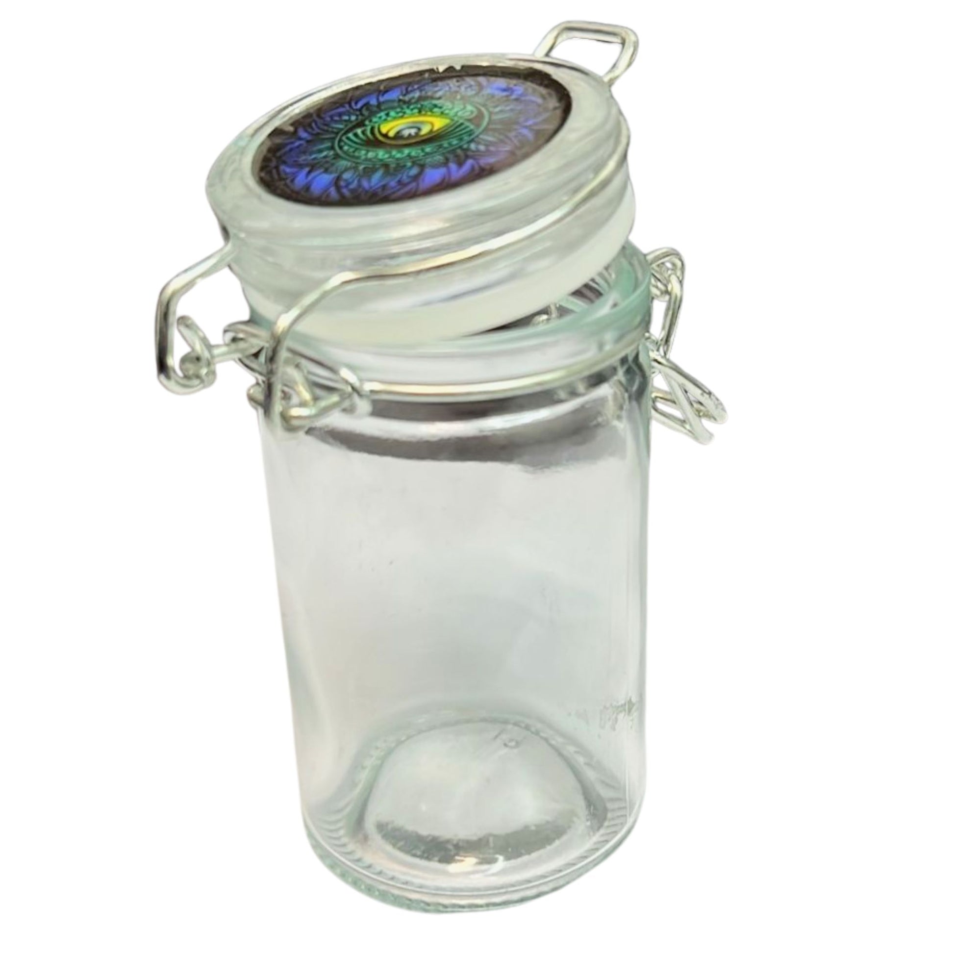 Clear glass jar with a colorful lid on a white background
