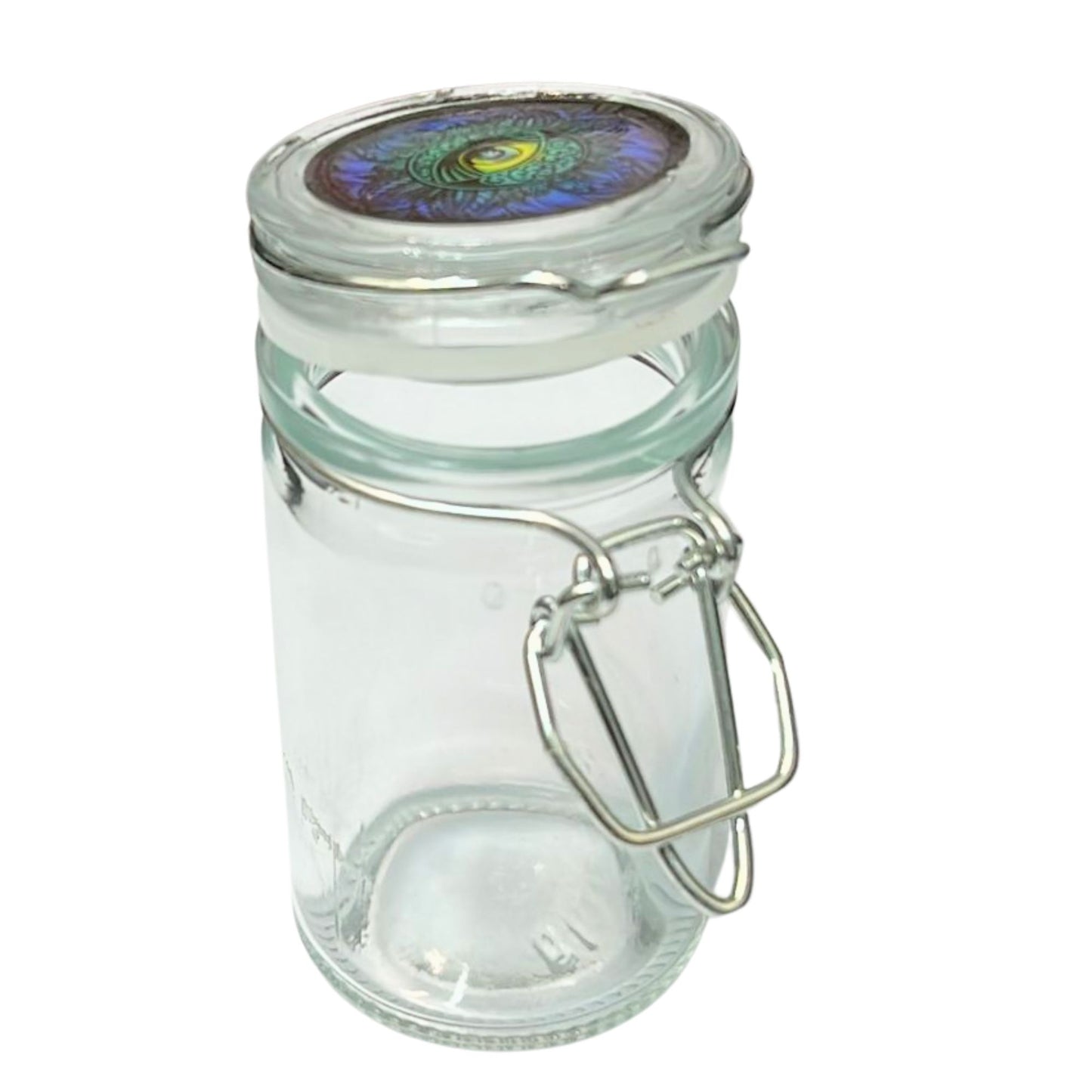 Clear glass jar with a metal clasp on a white background
