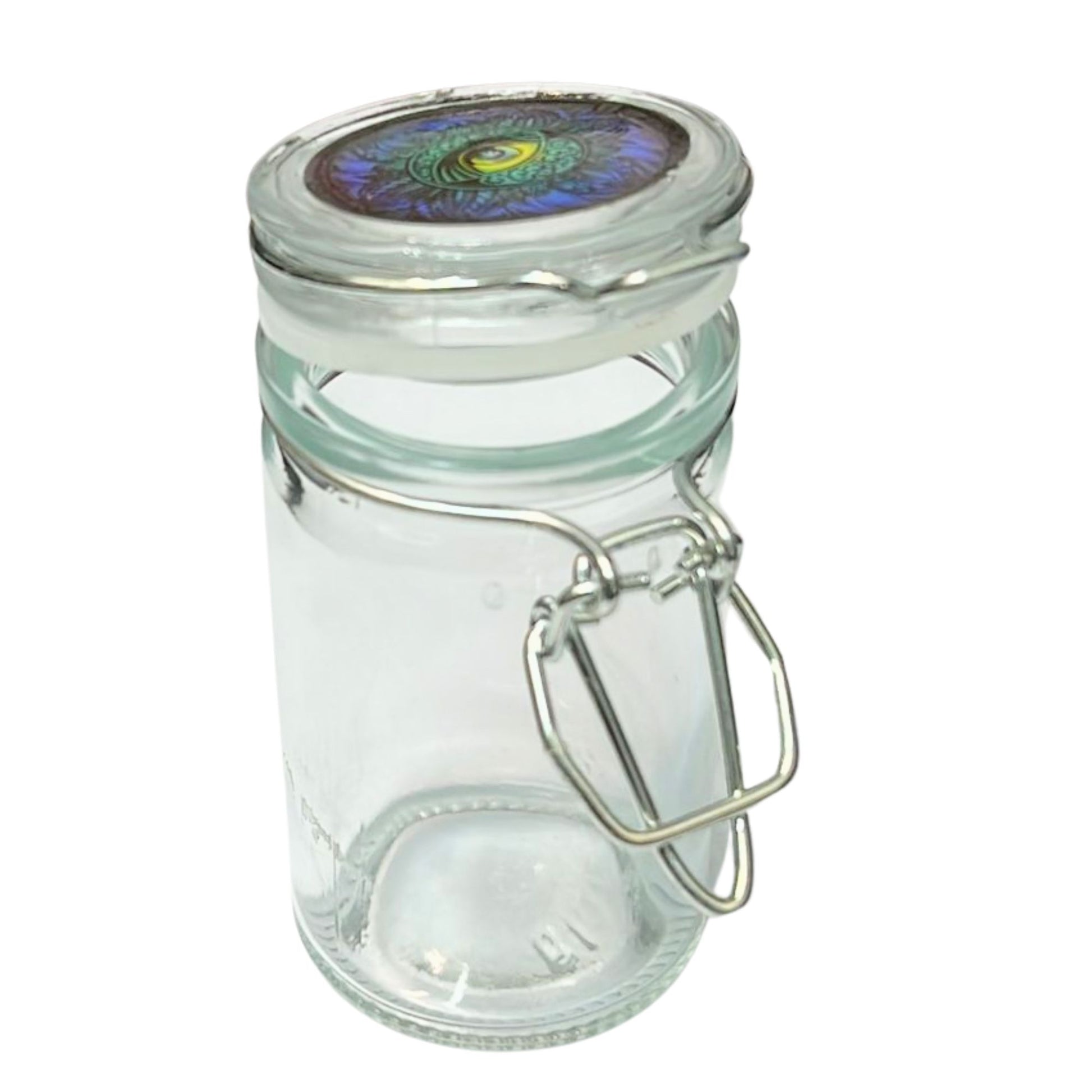 Clear glass jar with a metal clasp on a white background