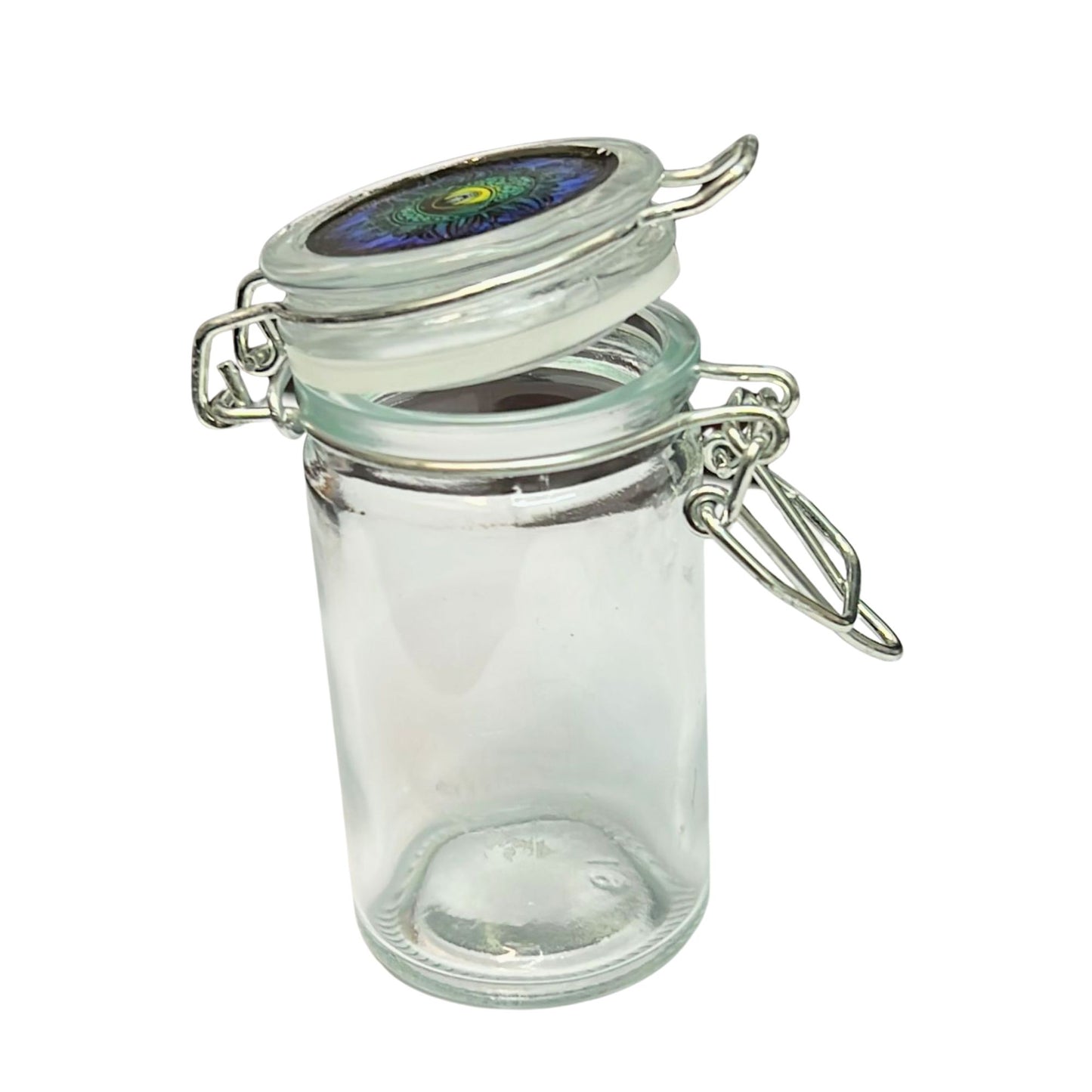 Clear glass jar with a metal clasp on a white background
