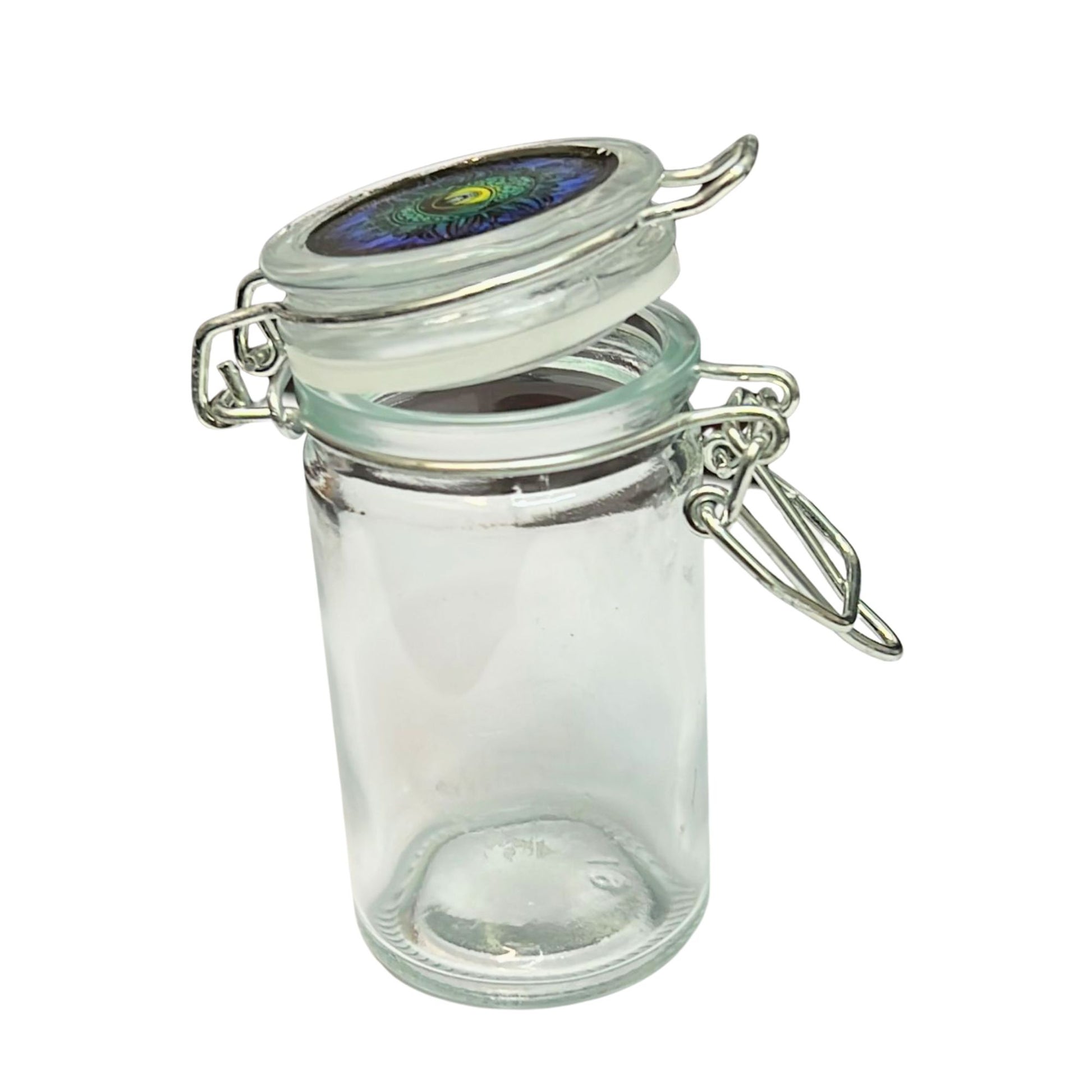 Clear glass jar with a metal clasp on a white background
