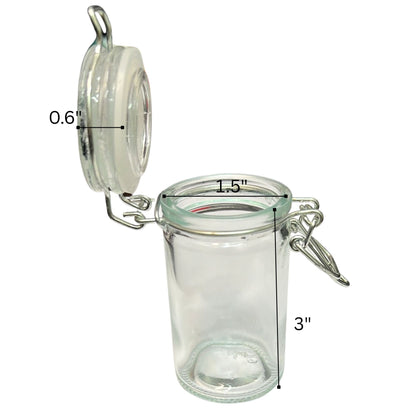 Glass jar with a metal clamp lid and measurements indicated on a white background