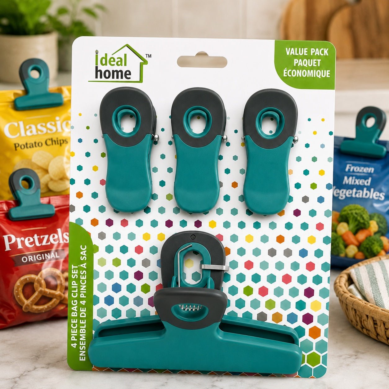 Set of teal and black clips on Ideal Home packaging with snacks in the background