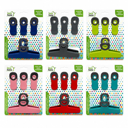 Set of colorful Ideal Home brand clips on their packaging with a polka dot background.