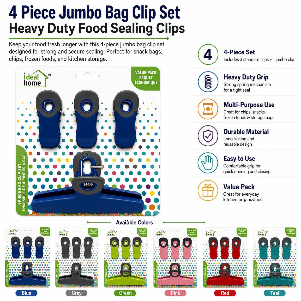4-piece jumbo bag clip set packaging with product display and feature list.