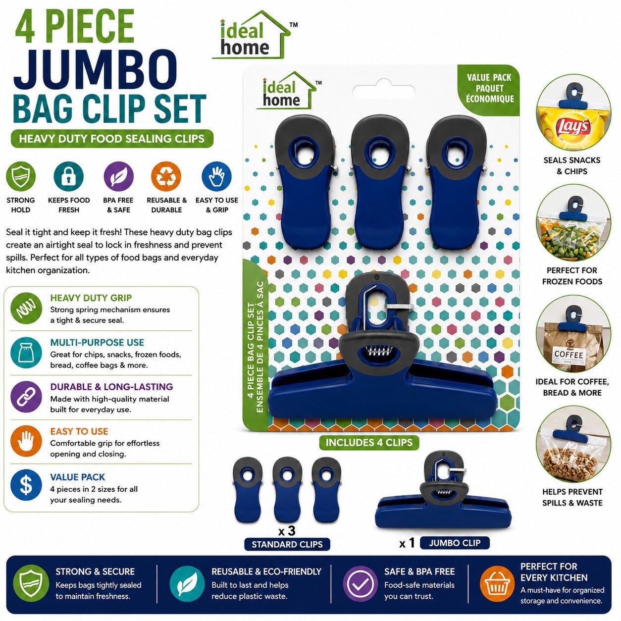 4-piece jumbo bag clip set packaging with clips and product details on a colorful background