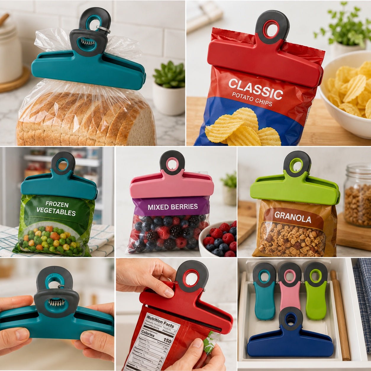 Collage of a kitchen organizer with various food packaging on a white background